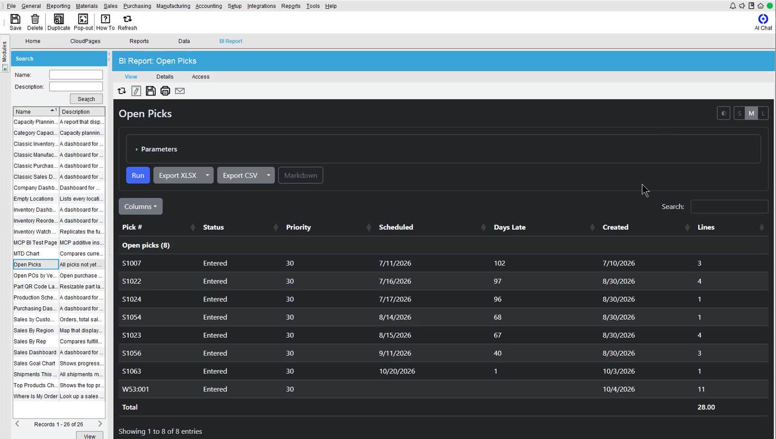 The Open Picks report in Fishbowl's BI Report module
