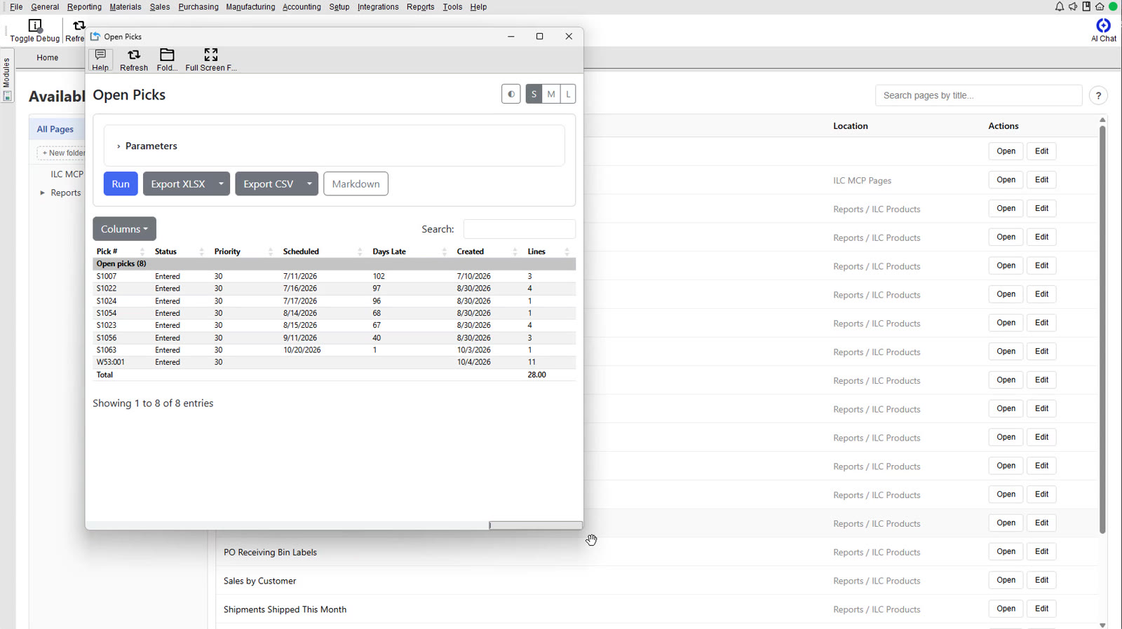 The Open Picks CloudPage open inside the Fishbowl client