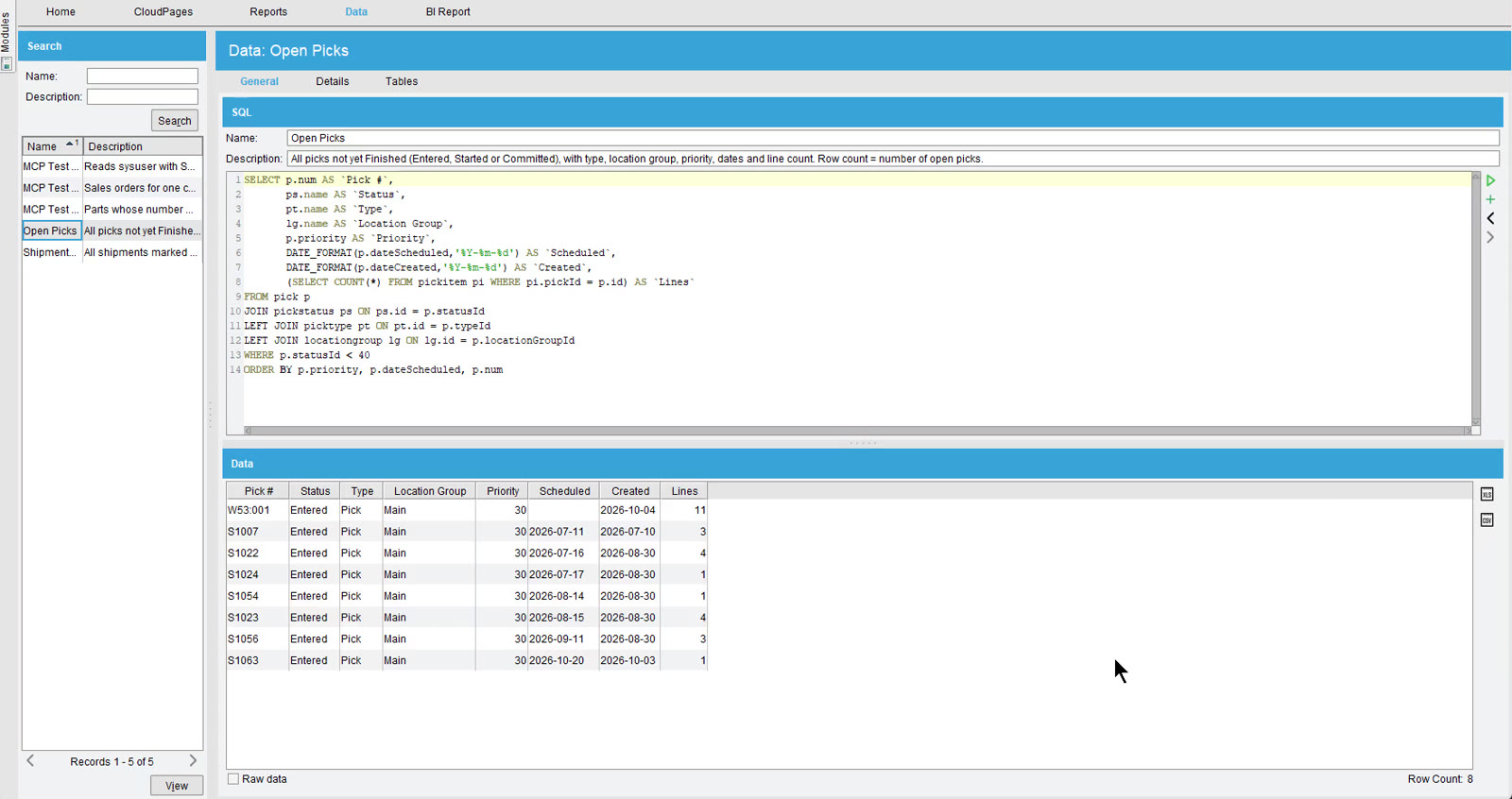 Fishbowl's Data module showing the Open Picks query the AI wrote, with its SQL and the eight open picks it returns