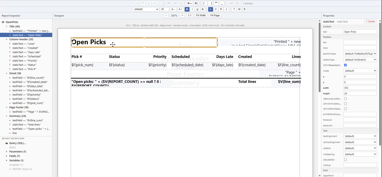 ILC's browser-based Jasper layout editor with the Open Picks report open for editing