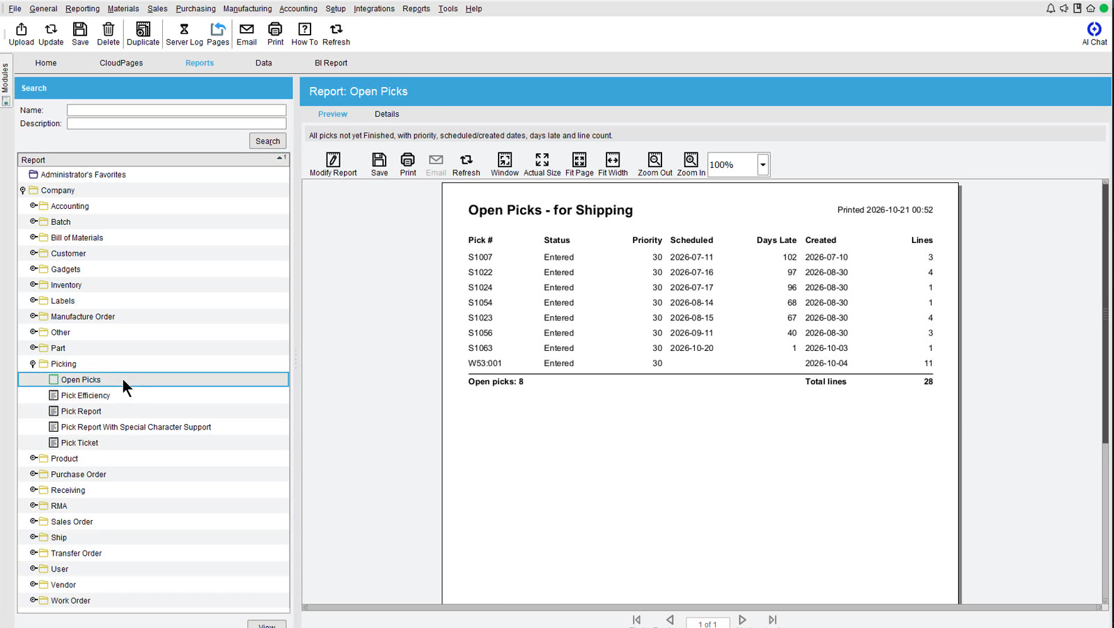 The Open Picks - for Shipping Jasper report in Fishbowl's Reports module, under the Picking folder